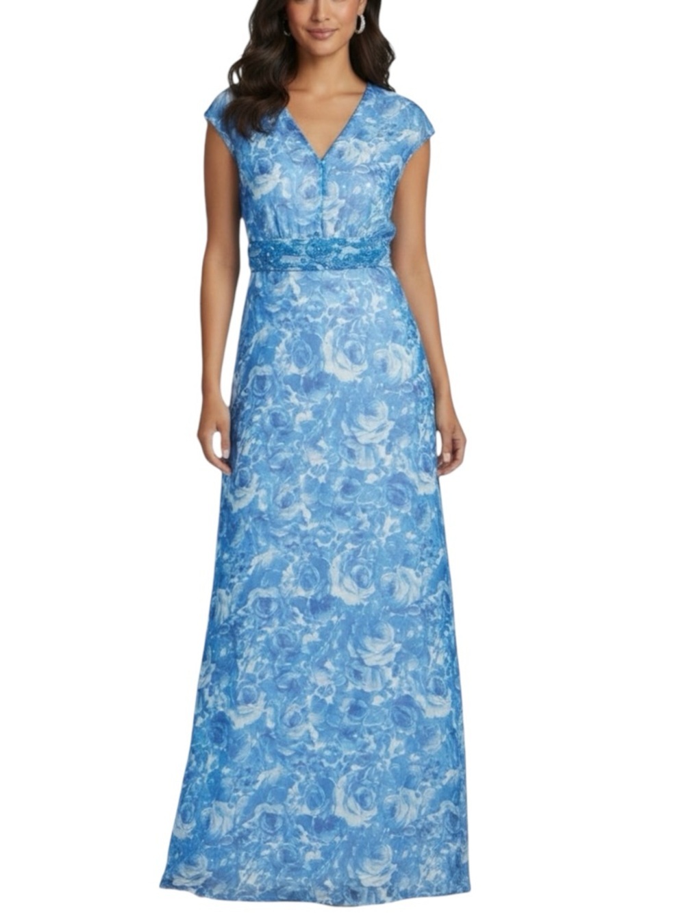 NWT SACHIN + BABI Blue & White Floral Short Sleeve V-Neck Dress Gown Size 2